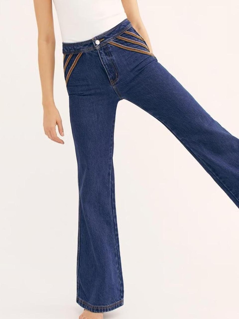 Free People We The Free Flare Jeans Rainbow Stripe Pocket Detail Size 26 Boho